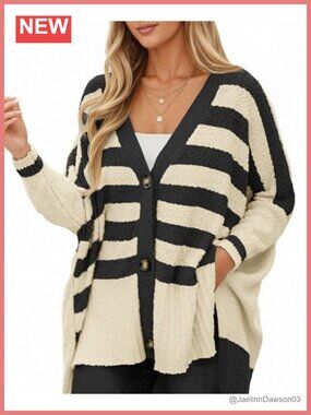 Oversized Fuzzy Knit Striped Cardigan Button Down V-Neck Loose Fit Fall Sweater